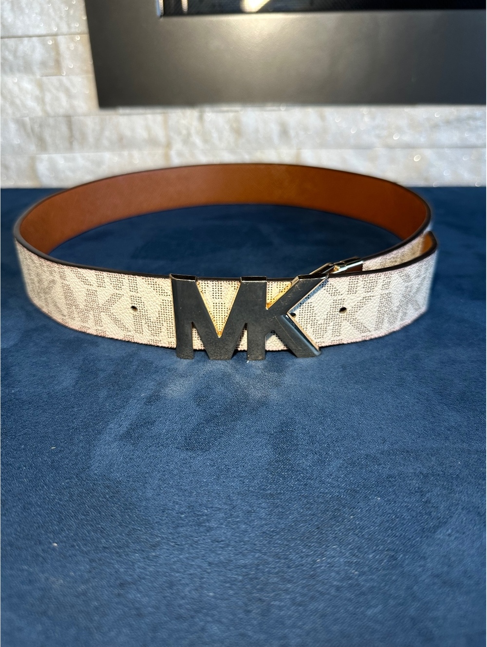 Michael Kors Signature MK Logo Belt Vanilla Cream Large MK Buckle